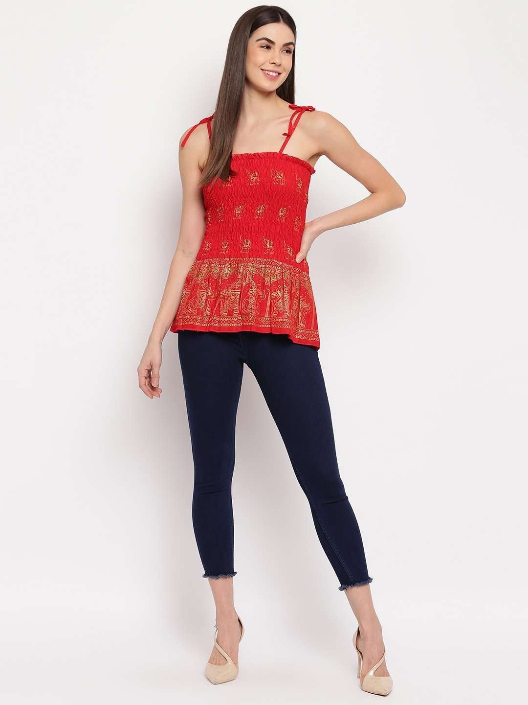 Women’s Rayon Elephant Print Casual Summer Style Tie Shoulder Straps Free Size Tank Top ( Red Gold Pattern)