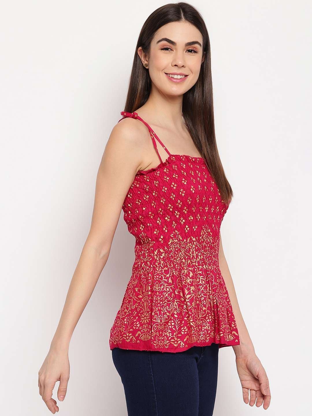 Women’s Rayon Floral Printed Casual Summer Style Tie Shoulder Straps Free Size Tank Top ( Maroon Gold Pattern)