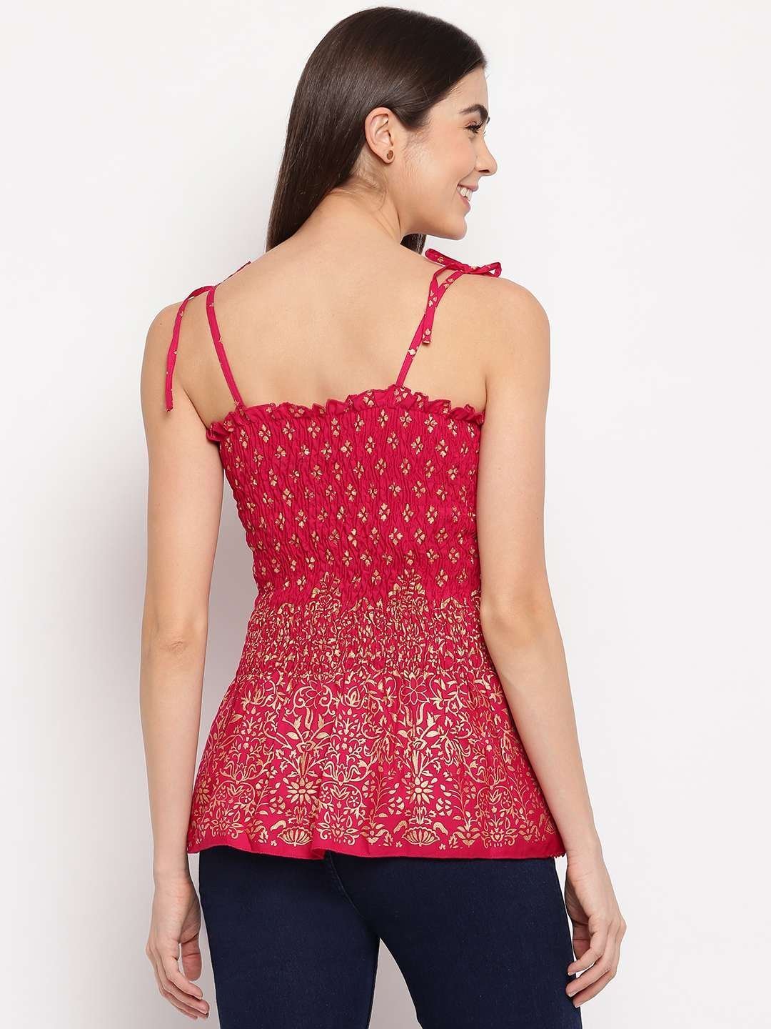 Women’s Rayon Floral Printed Casual Summer Style Tie Shoulder Straps Free Size Tank Top ( Maroon Gold Pattern)