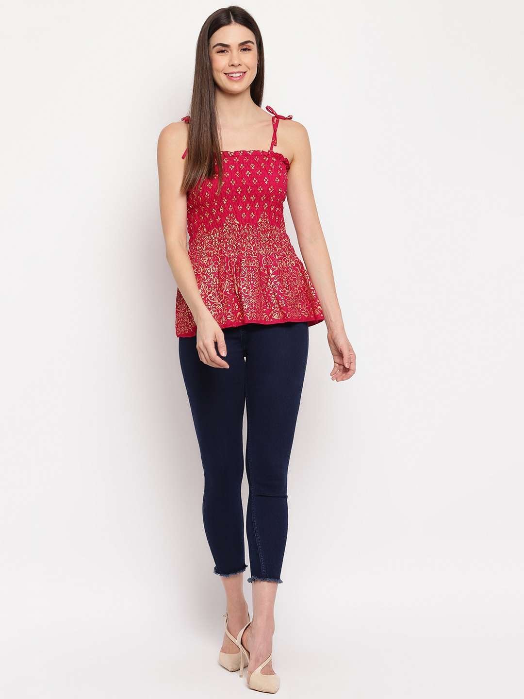 Women’s Rayon Floral Printed Casual Summer Style Tie Shoulder Straps Free Size Tank Top ( Maroon Gold Pattern)