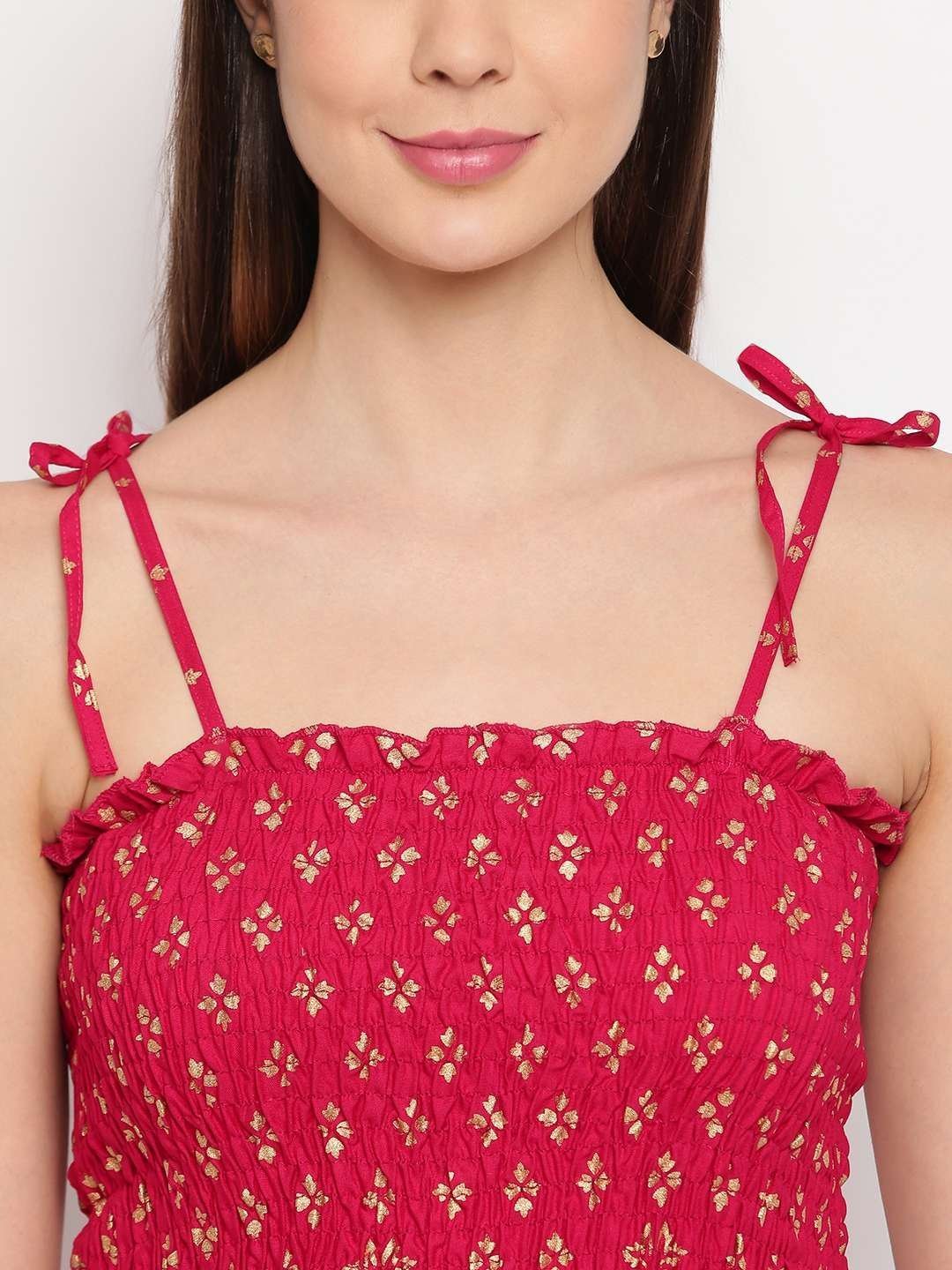 Women’s Rayon Floral Printed Casual Summer Style Tie Shoulder Straps Free Size Tank Top ( Maroon Gold Pattern)