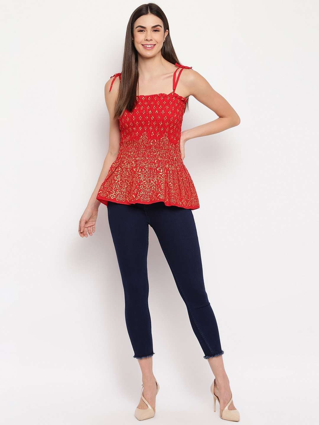 Women’s Rayon Floral Printed Casual Summer Style Tie Shoulder Straps Free Size Tank Top ( Red Gold Pattern)