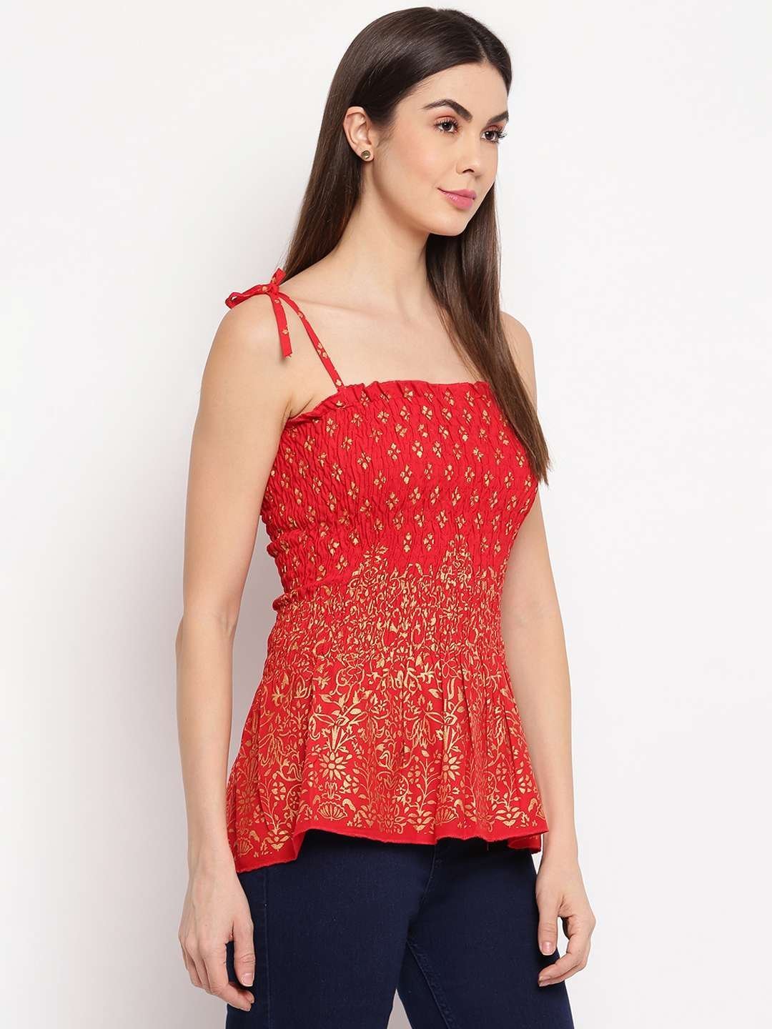 Women’s Rayon Floral Printed Casual Summer Style Tie Shoulder Straps Free Size Tank Top ( Red Gold Pattern)