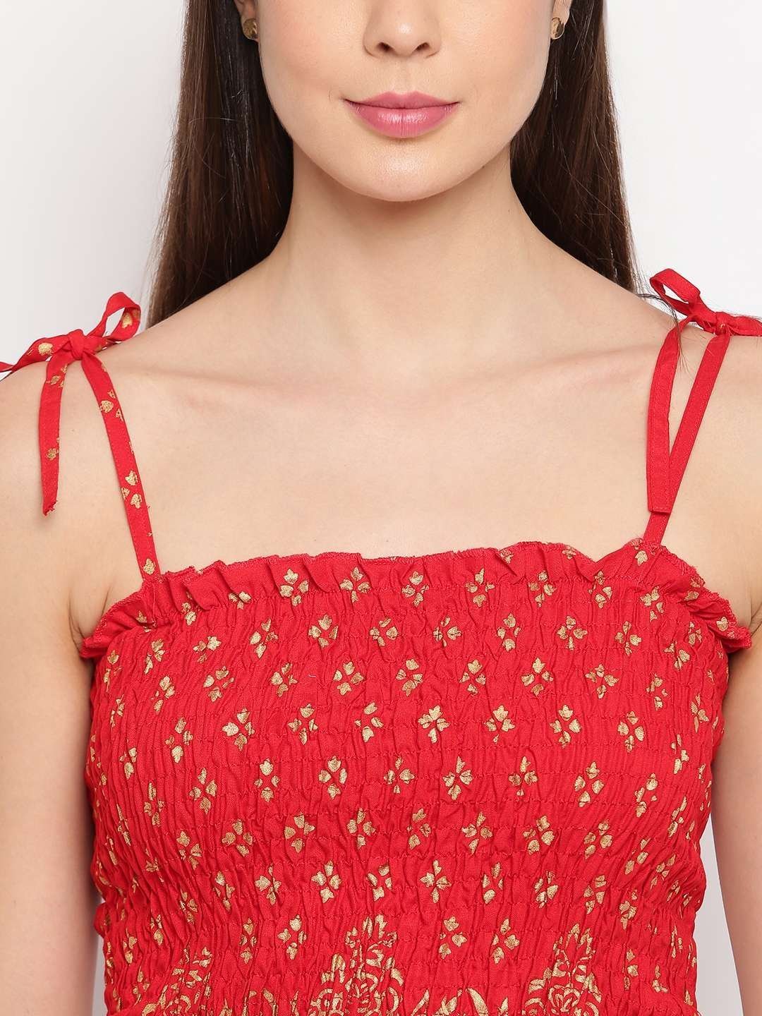 Women’s Rayon Floral Printed Casual Summer Style Tie Shoulder Straps Free Size Tank Top ( Red Gold Pattern)