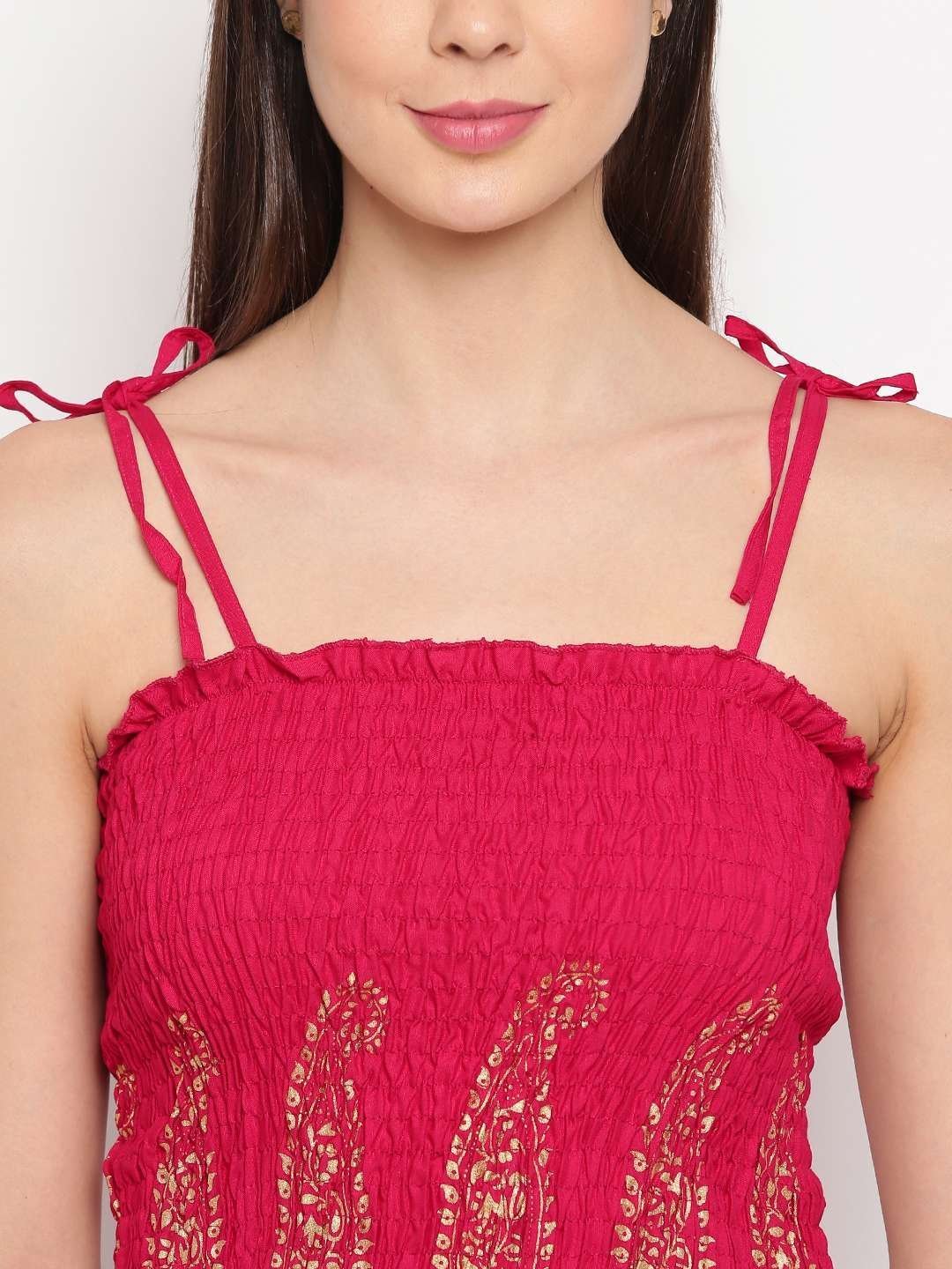 Women’s Rayon Printed Casual Summer Style Tie Shoulder Straps Free Size Tank Top ( Maroon Gold Pattern)