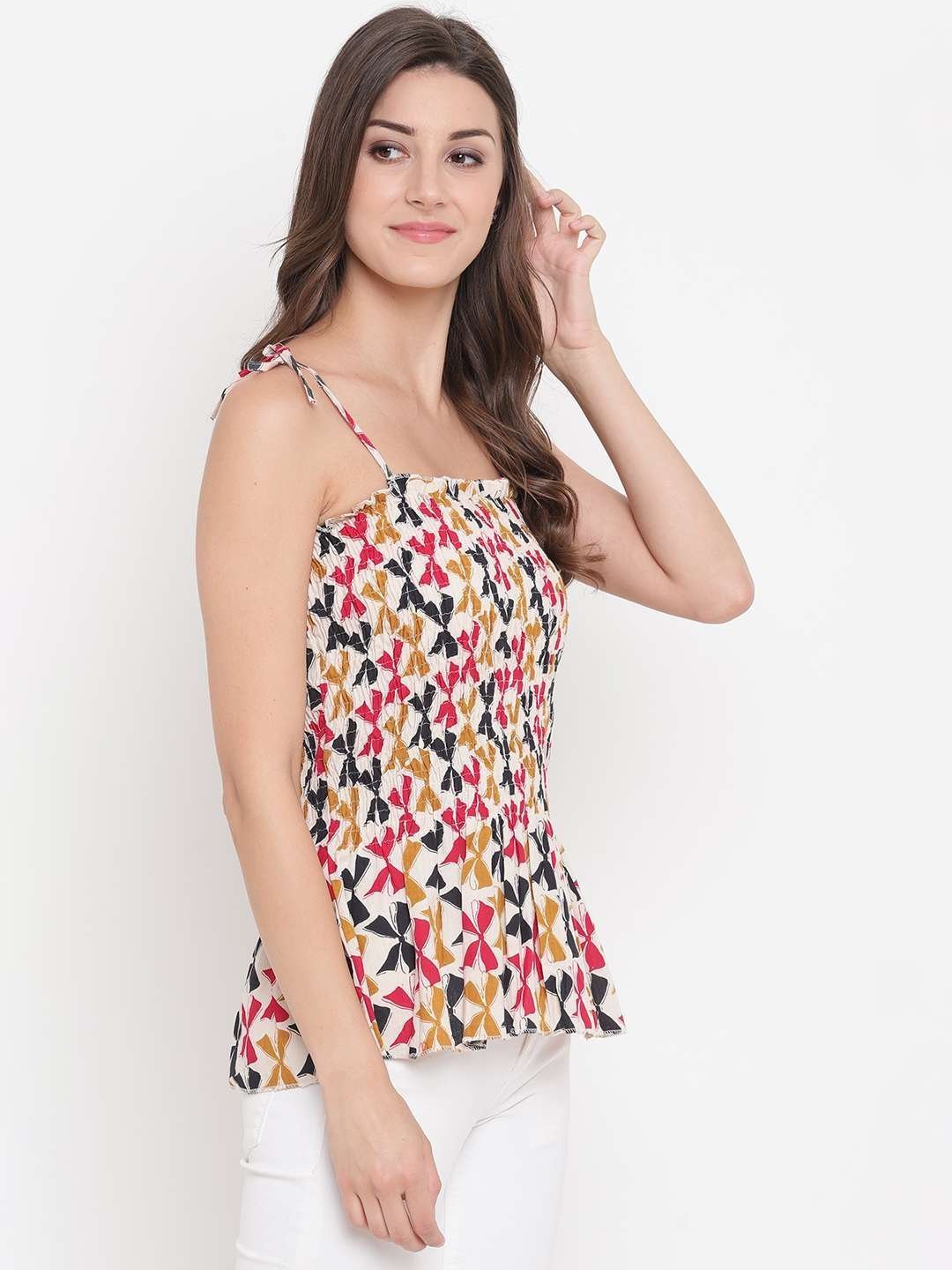 Women’s Rayon Printed Casual Summer Style Tie Shoulder Straps Free Size Tank Top ( Multi12)
