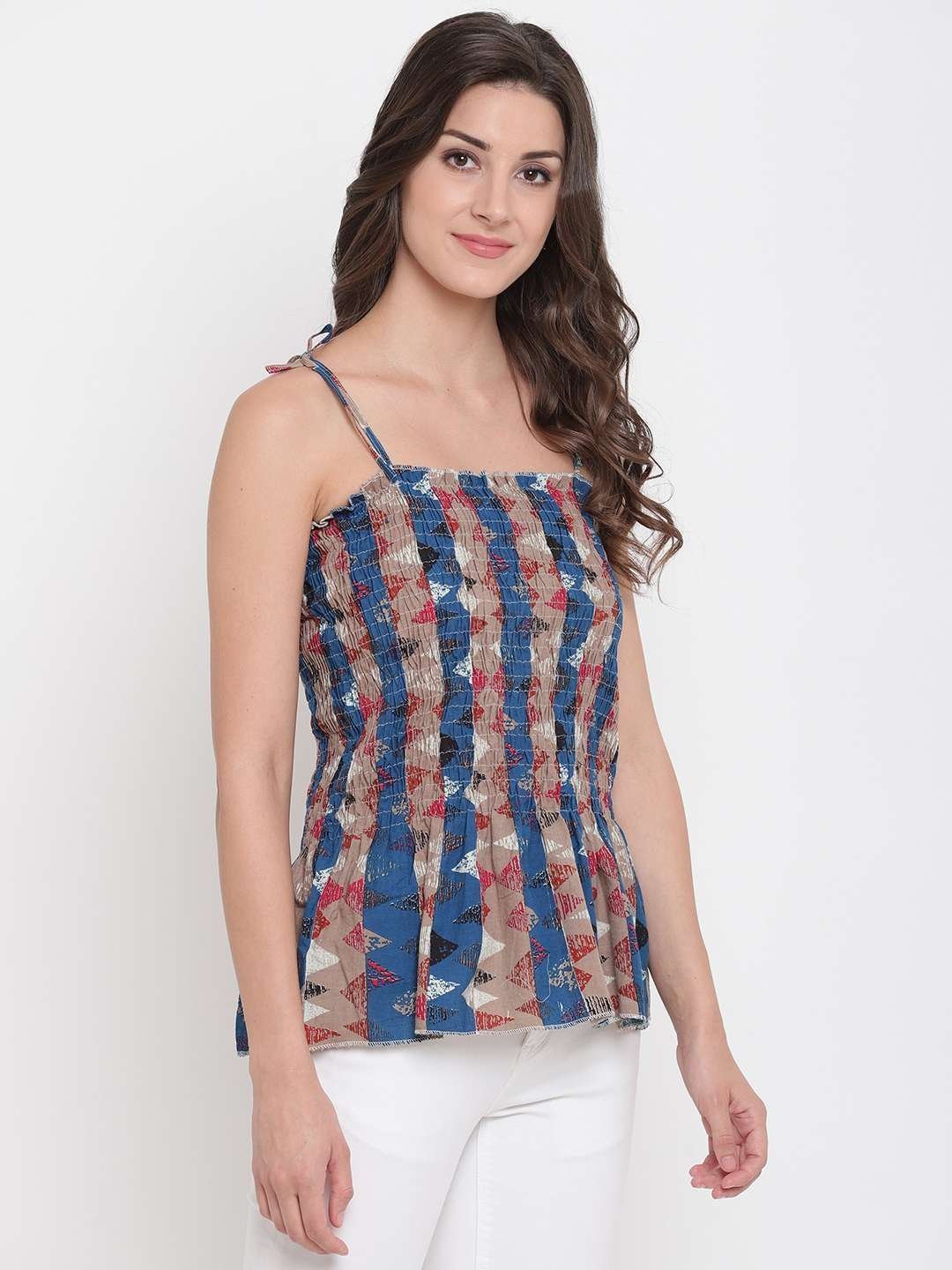 Women’s Rayon Printed Casual Summer Style Tie Shoulder Straps Free Size Tank Top ( Multi15)
