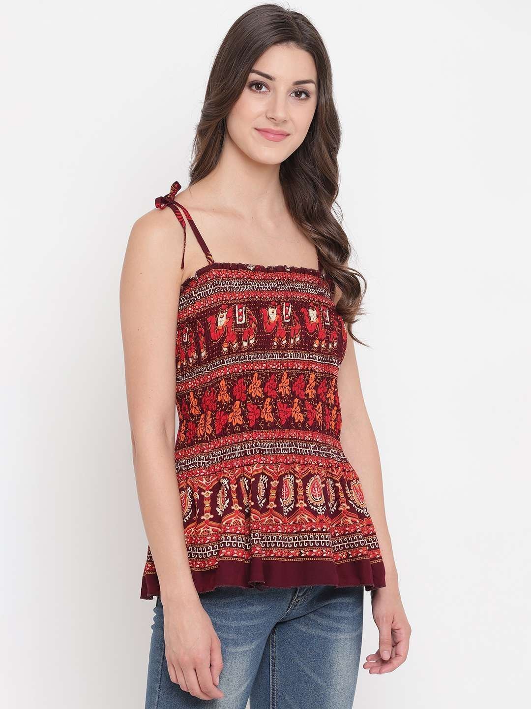 Women’s Rayon Printed Casual Summer Style Tie Shoulder Straps Free Size Tank Top ( Multi2)