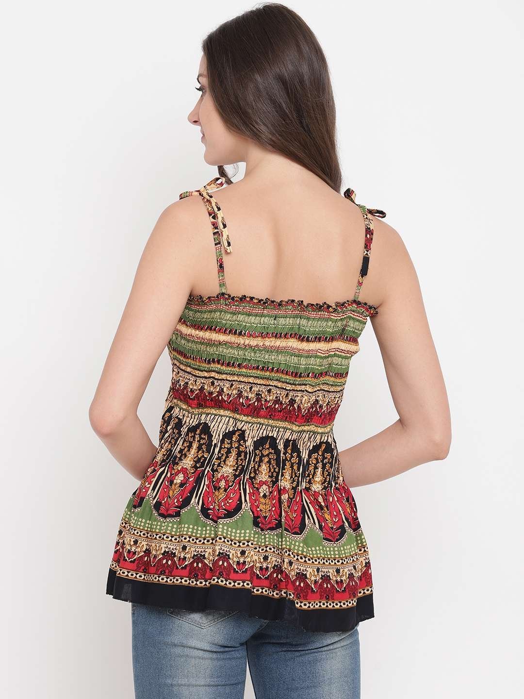 Women’s Rayon Printed Casual Summer Style Tie Shoulder Straps Free Size Tank Top ( Multi4)