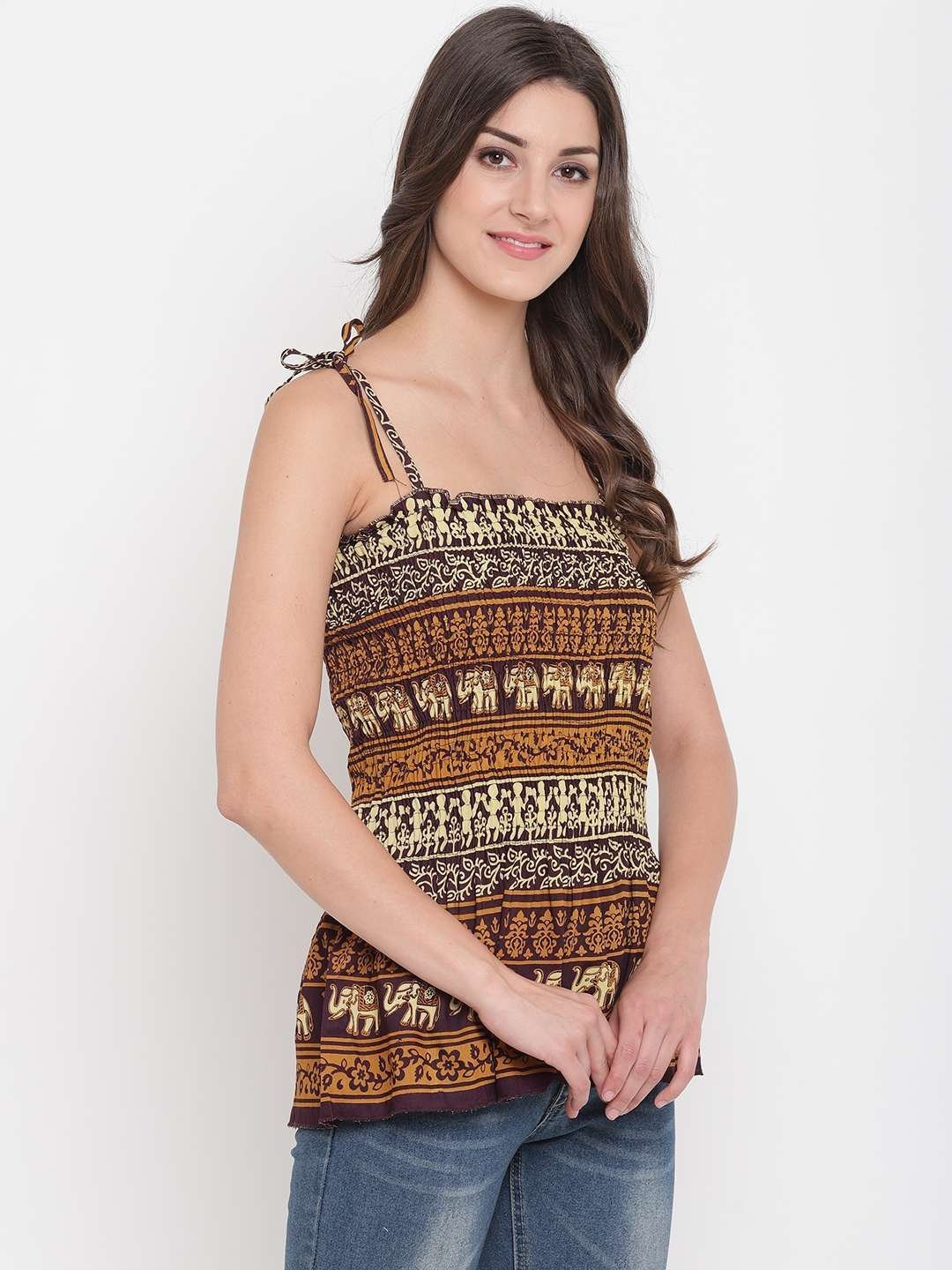 Women’s Rayon Printed Casual Summer Style Tie Shoulder Straps Free Size Tank Top ( Multi5)