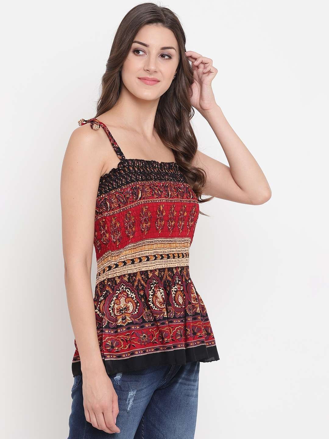 Women’s Rayon Printed Casual Summer Style Tie Shoulder Straps Free Size Tank Top ( Multi6)