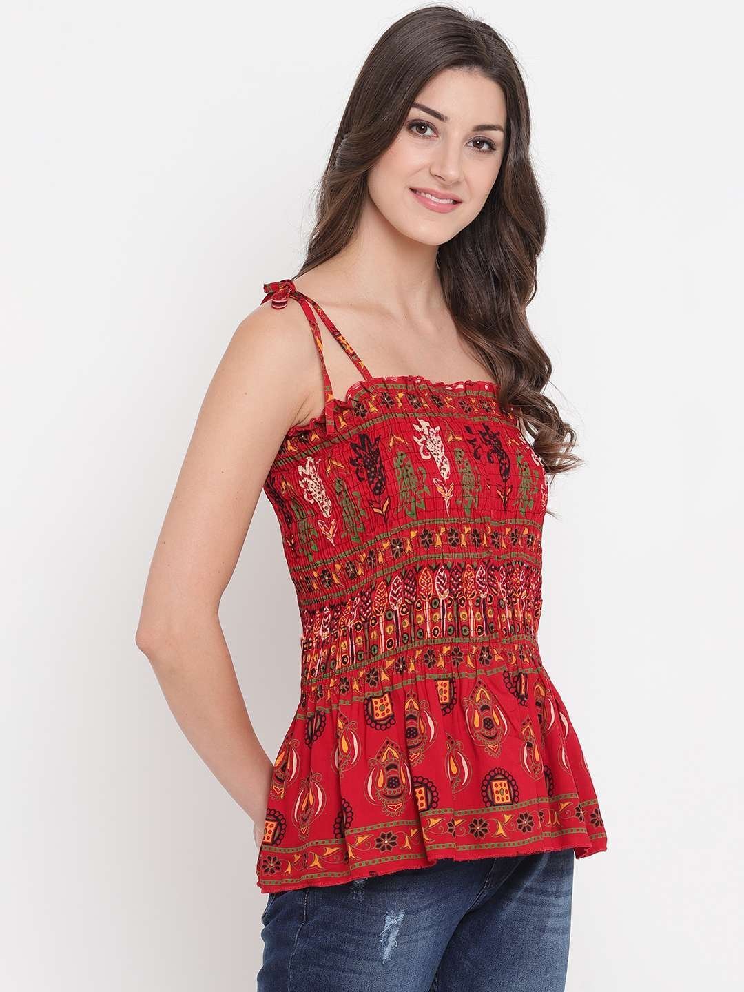Women’s Rayon Printed Casual Summer Style Tie Shoulder Straps Free Size Tank Top ( Multi7)