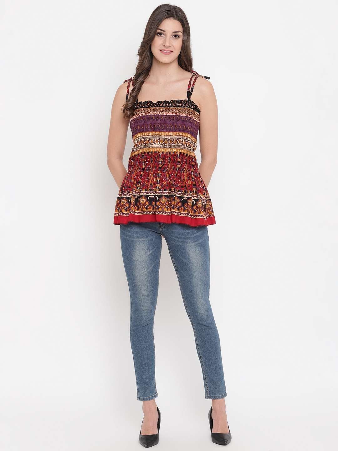 Women’s Rayon Printed Casual Summer Style Tie Shoulder Straps Free Size Tank Top ( Multi8)