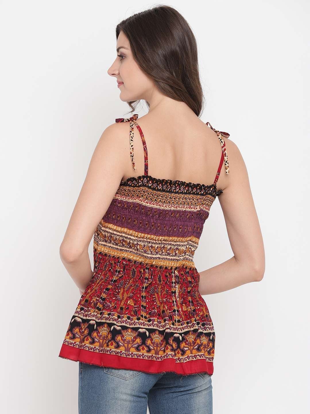 Women’s Rayon Printed Casual Summer Style Tie Shoulder Straps Free Size Tank Top ( Multi8)