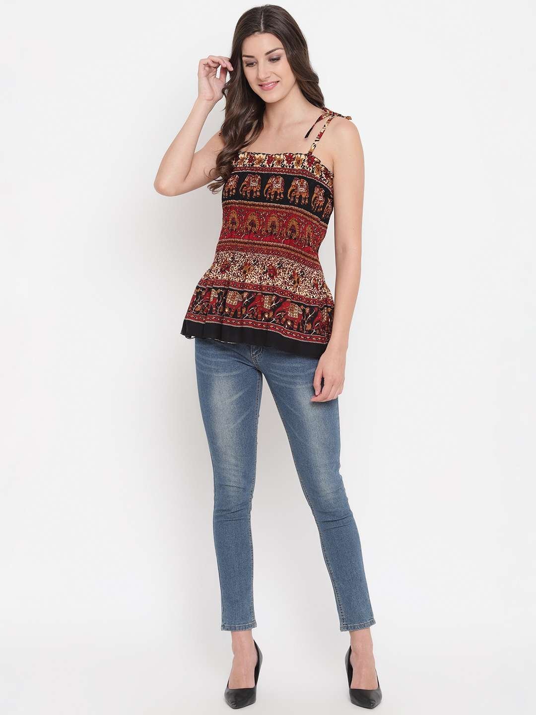 Women’s Rayon Printed Casual Summer Style Tie Shoulder Straps Free Size Tank Top ( Multi9)