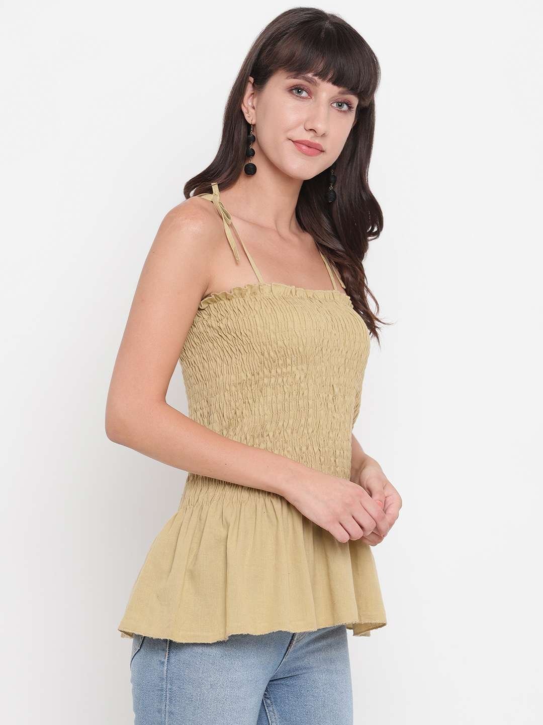 Women’s Rayon Solid Casual Summer Style Tie Shoulder Straps Free Size Tank Top (Beige)