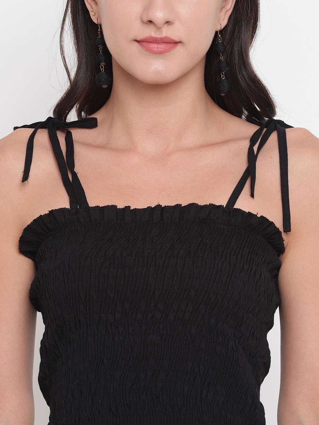 Women’s Rayon Solid Casual Summer Style Tie Shoulder Straps Free Size Tank Top (Black)
