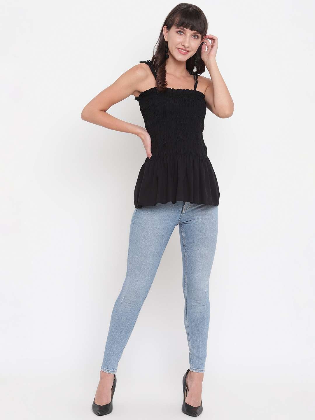 Women’s Rayon Solid Casual Summer Style Tie Shoulder Straps Free Size Tank Top (Black)