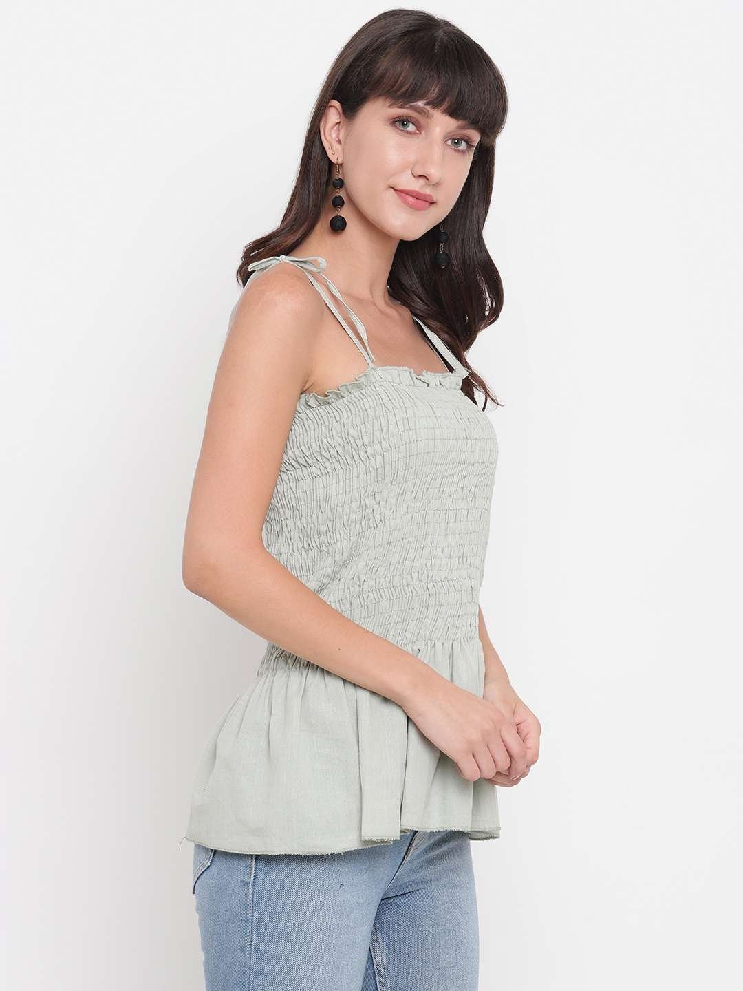 Women’s Rayon Solid Casual Summer Style Tie Shoulder Straps Free Size Tank Top (Clouds)