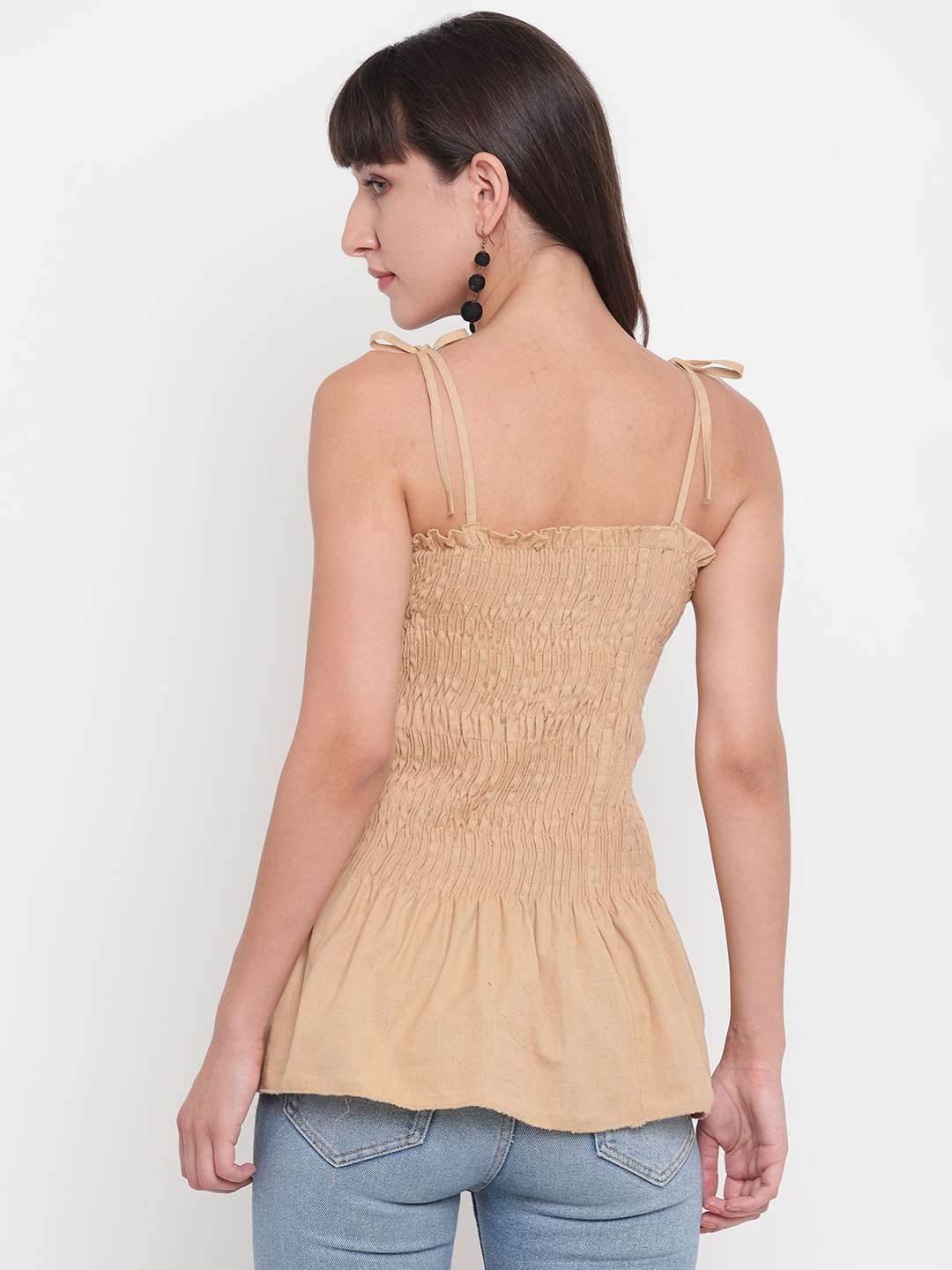 Women’s Rayon Solid Casual Summer Style Tie Shoulder Straps Free Size Tank Top (Cream)