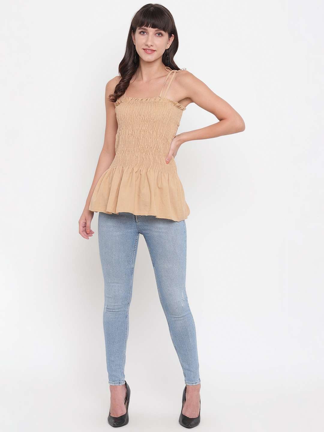 Women’s Rayon Solid Casual Summer Style Tie Shoulder Straps Free Size Tank Top (Cream)