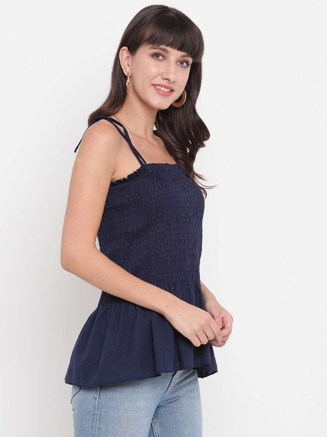 Women’s Rayon Solid Casual Summer Style Tie Shoulder Straps Free Size Tank Top (Dark Blue)