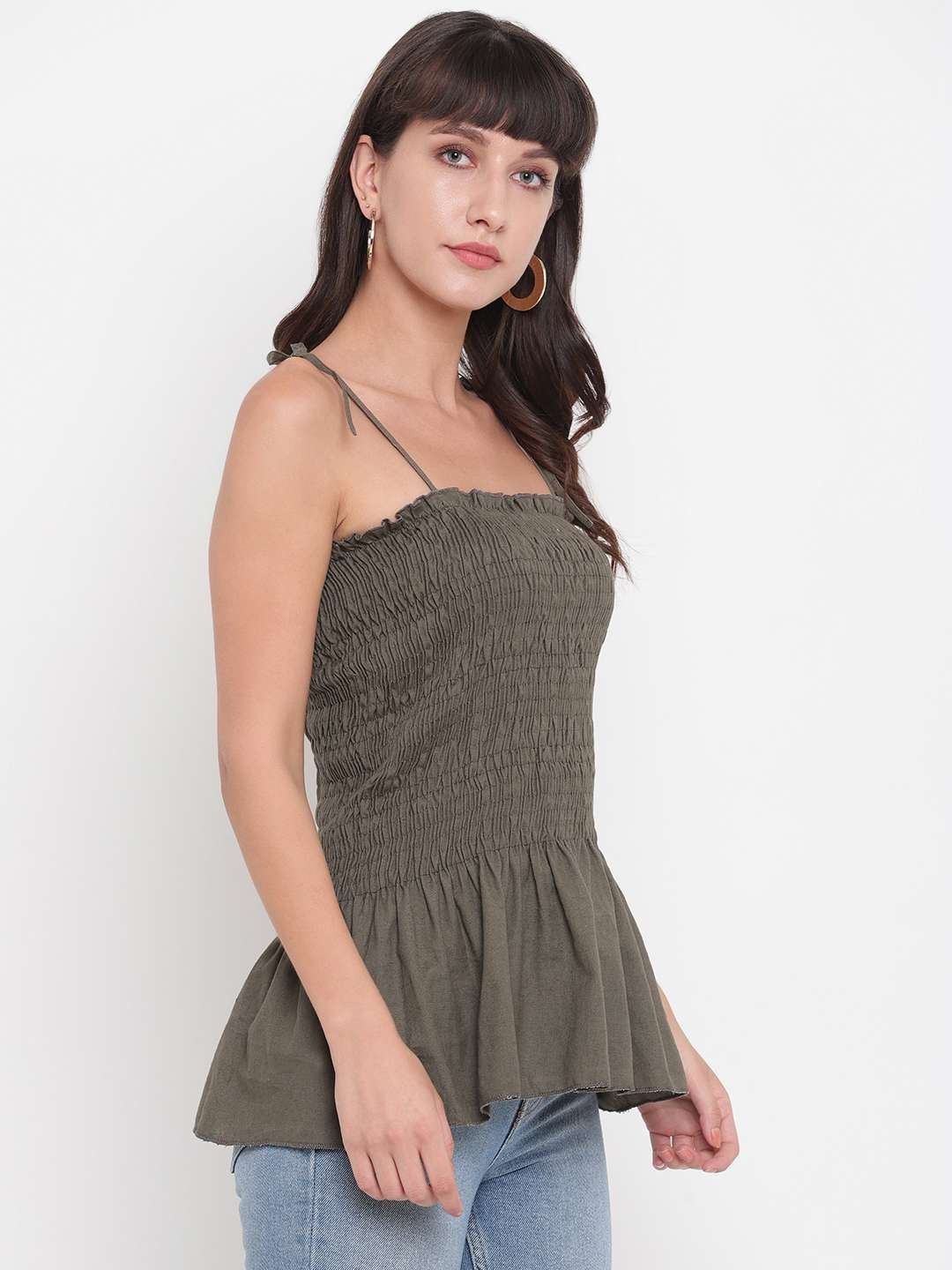 Women’s Rayon Solid Casual Summer Style Tie Shoulder Straps Free Size Tank Top (Mahndi)