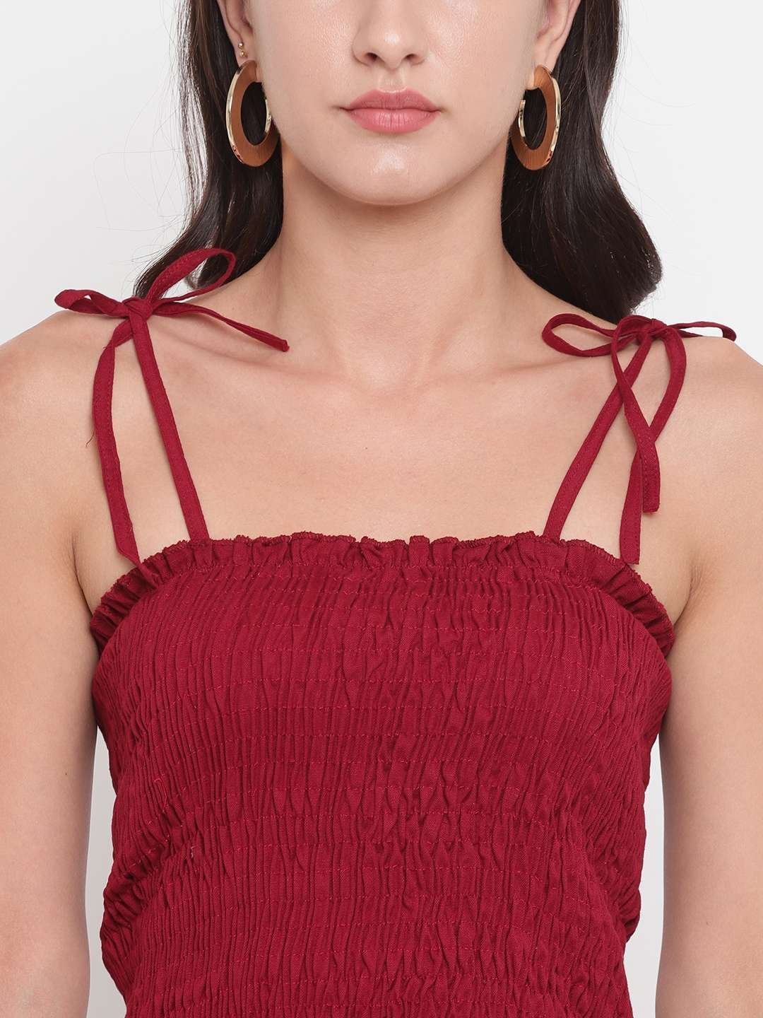 Women’s Rayon Solid Casual Summer Style Tie Shoulder Straps Free Size Tank Top (Maroon)