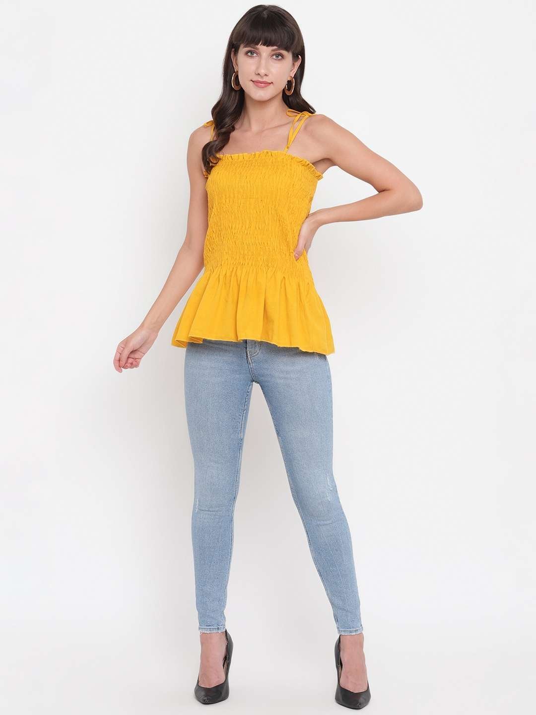 Women’s Rayon Solid Casual Summer Style Tie Shoulder Straps Free Size Tank Top (Musterd)