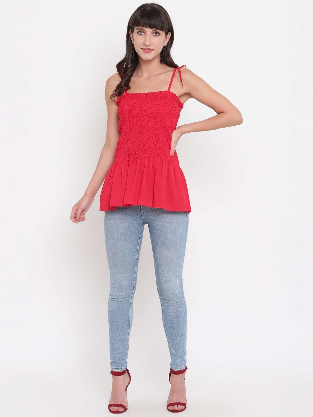 Women’s Rayon Solid Casual Summer Style Tie Shoulder Straps Free Size Tank Top (Pink)