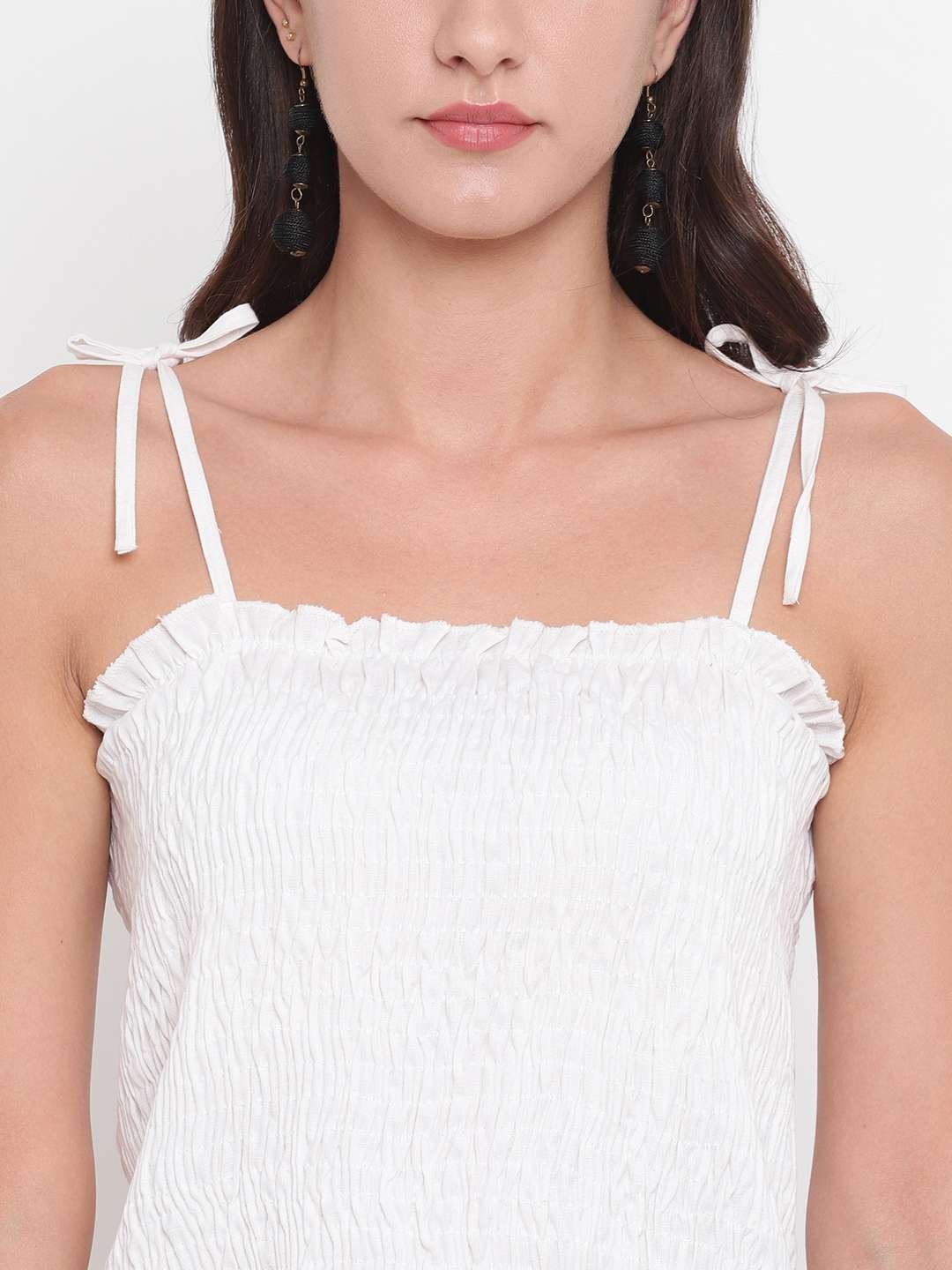 Women’s Rayon Solid Casual Summer Style Tie Shoulder Straps Free Size Tank Top (White)