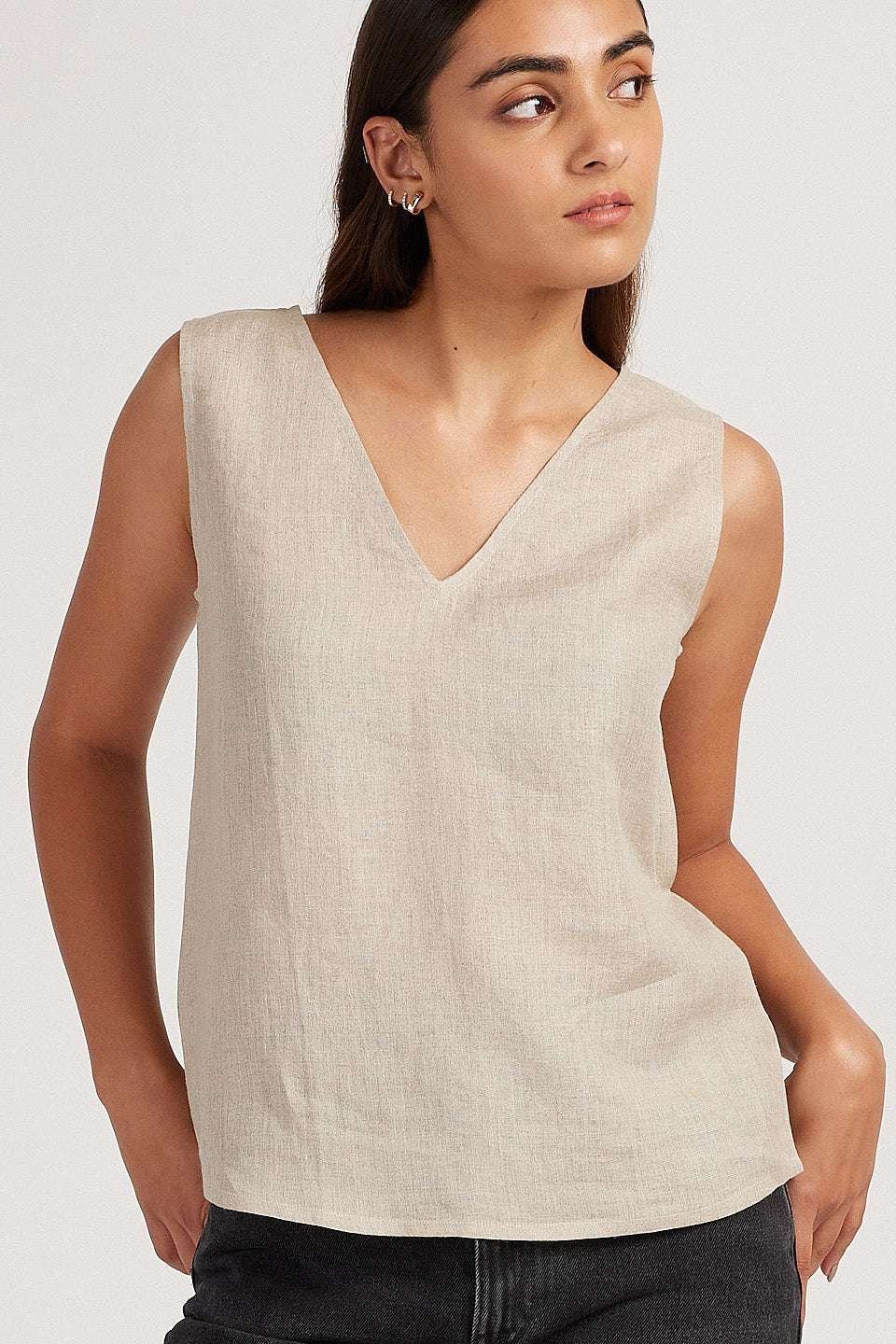 Women’s Cotton Solid V Neck Sleeveless 2 Piece Outfit Loose Tank Top and Wide Leg Palazzo Pants Sets cord set ( Beige )