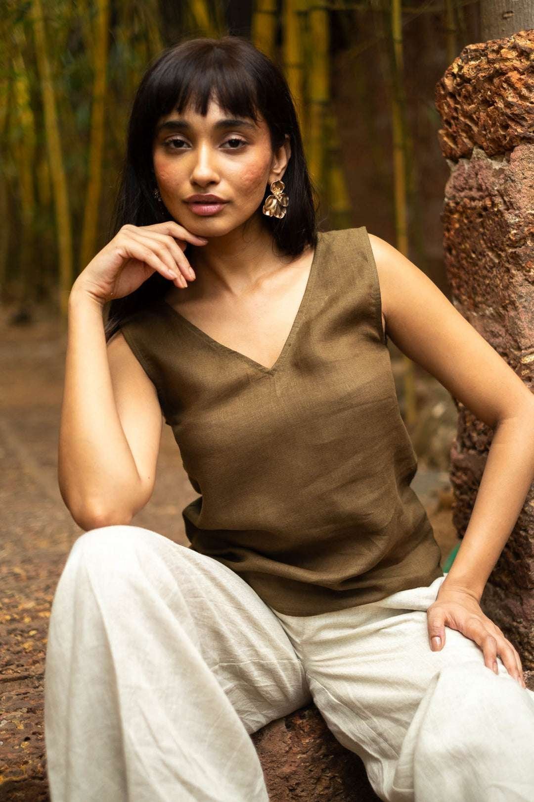 Women’s Cotton Solid V Neck Sleeveless 2 Piece Outfit Loose Tank Top and Wide Leg Palazzo Pants Sets cord set ( Brown Beige )