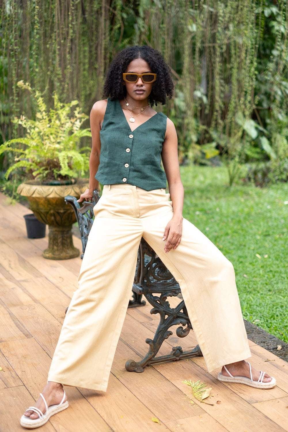 Women’s Cotton Solid V Neck Sleeveless 2 Piece Outfit Loose Tank Top and Wide Leg Palazzo Pants Sets cord set ( Green )