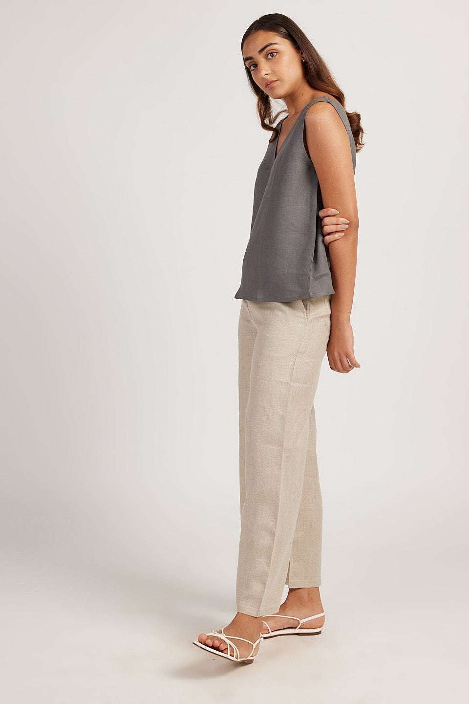 Women’s Cotton Solid V Neck Sleeveless 2 Piece Outfit Loose Tank Top and Wide Leg Palazzo Pants Sets cord set ( Grey Beige )