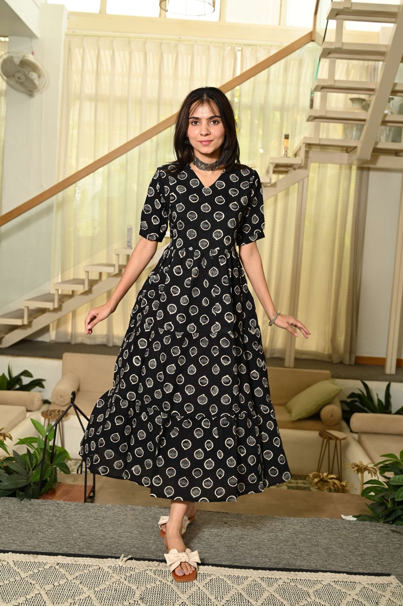 Black Printed Cotton Anarkali Maxi Dress with Puff Sleeves Elegant Casual Wear
