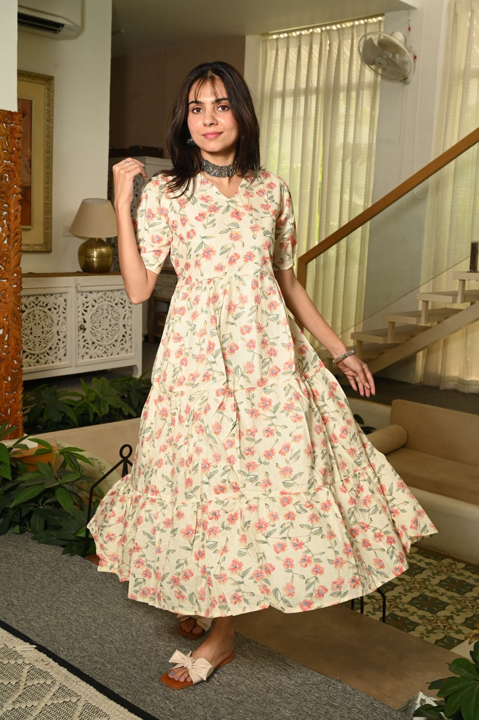 Cream Floral Printed Cotton Anarkali Maxi Dress with Puff Sleeves Elegant Casual Wear
