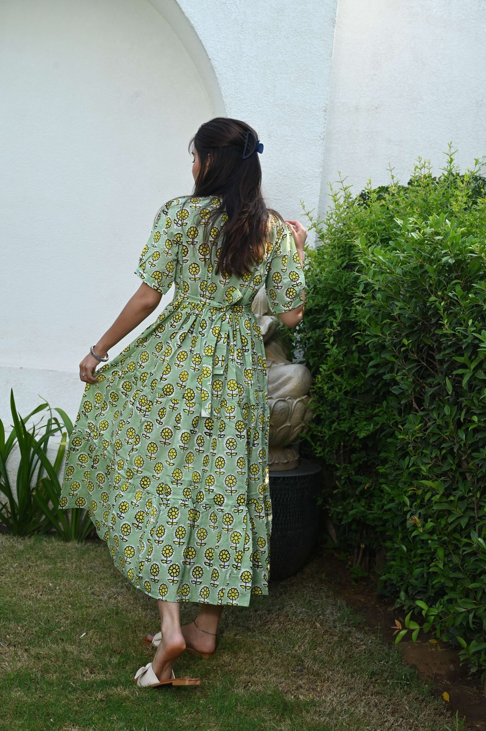Light Green Floral Printed Cotton Anarkali Maxi Dress with Puff Sleeves Elegant Casual Wear