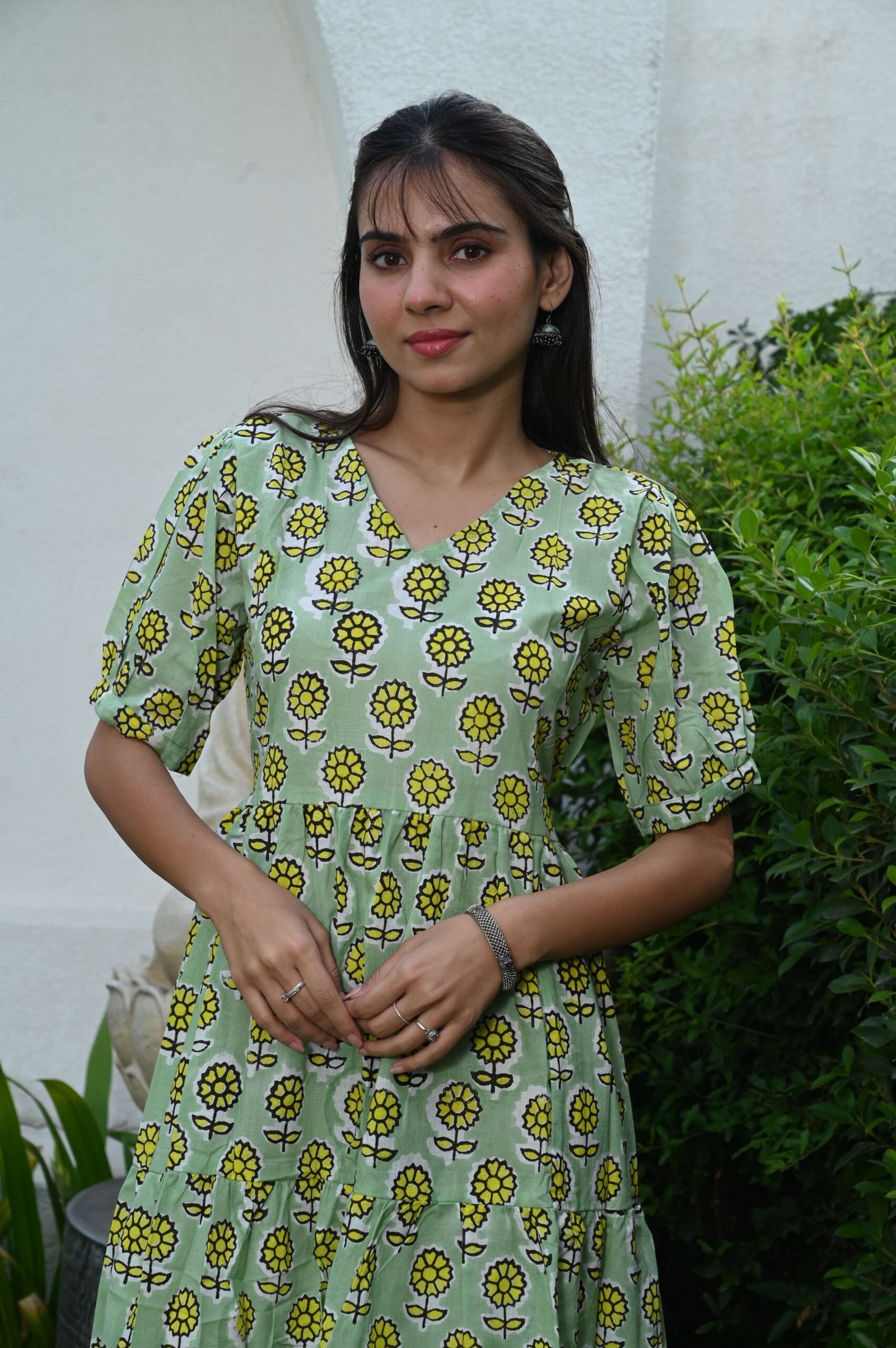 Light Green Floral Printed Cotton Anarkali Maxi Dress with Puff Sleeves Elegant Casual Wear