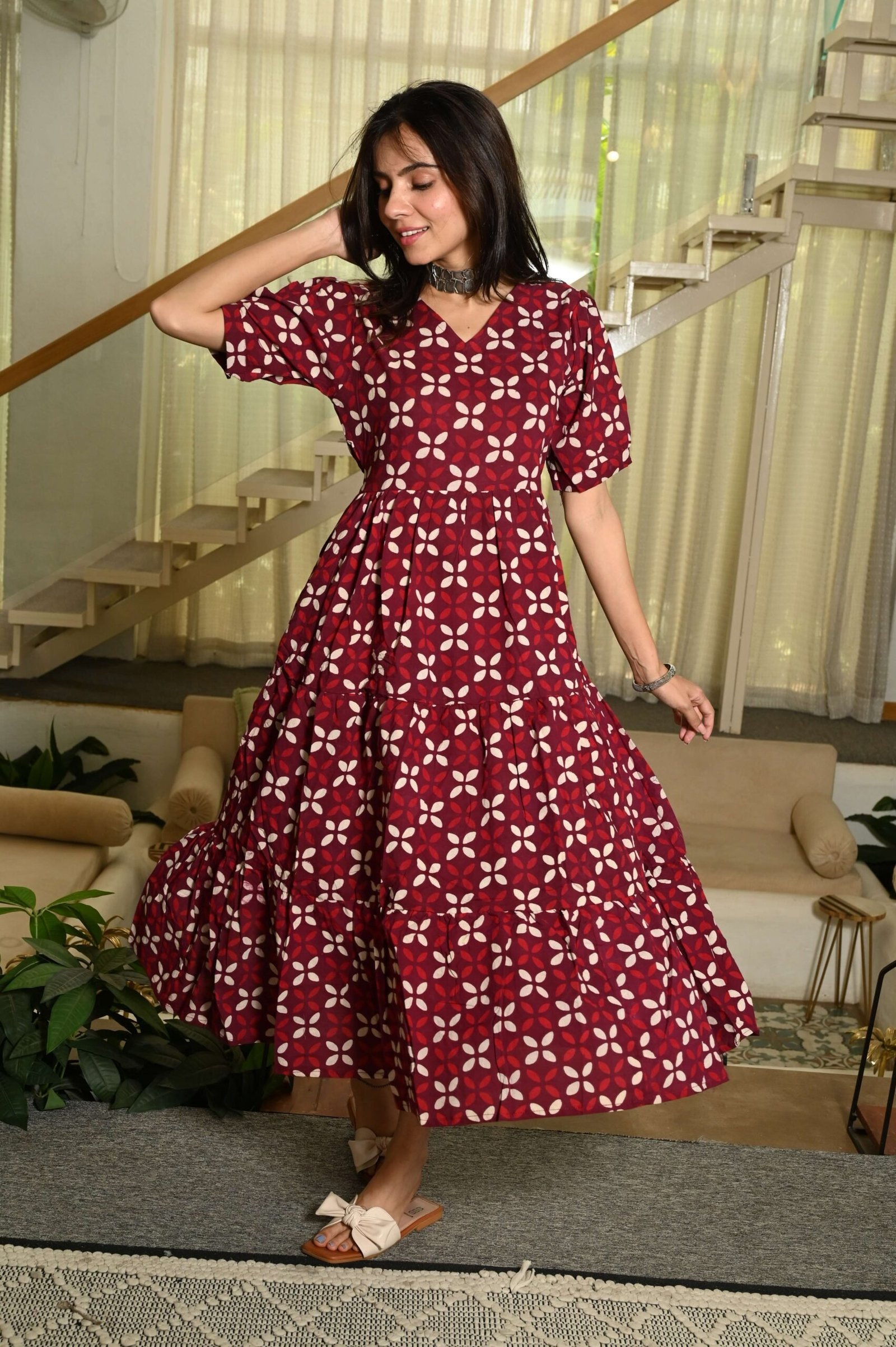 Maroon Printed Cotton Anarkali Maxi Dress with Puff Sleeves Elegant Casual Wear