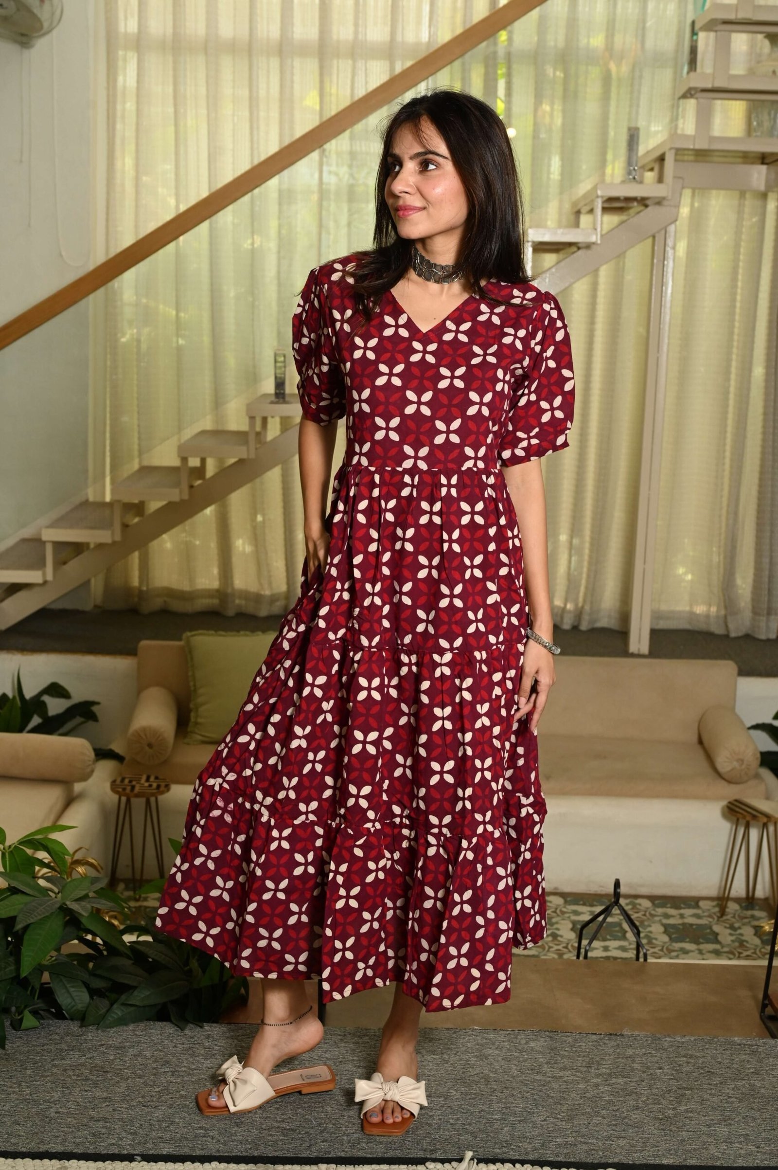 Maroon Printed Cotton Anarkali Maxi Dress with Puff Sleeves Elegant Casual Wear