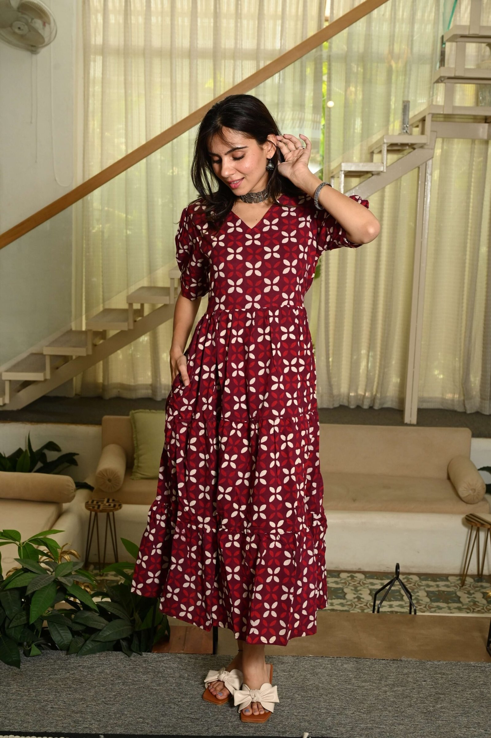 Maroon Printed Cotton Anarkali Maxi Dress with Puff Sleeves Elegant Casual Wear