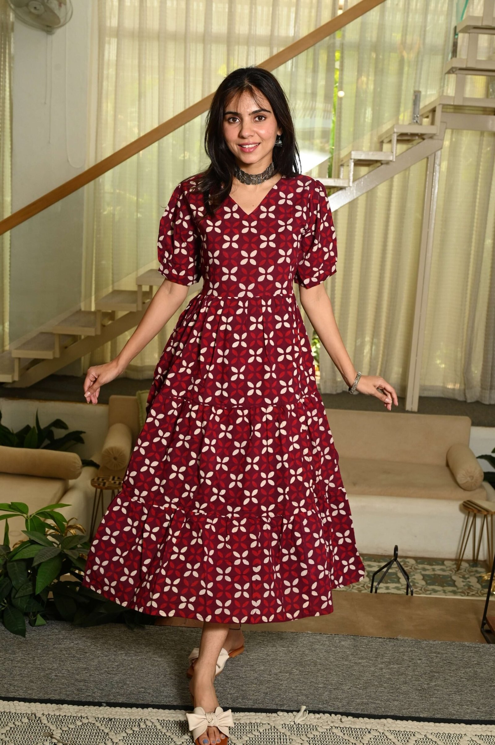 Maroon Printed Cotton Anarkali Maxi Dress with Puff Sleeves Elegant Casual Wear
