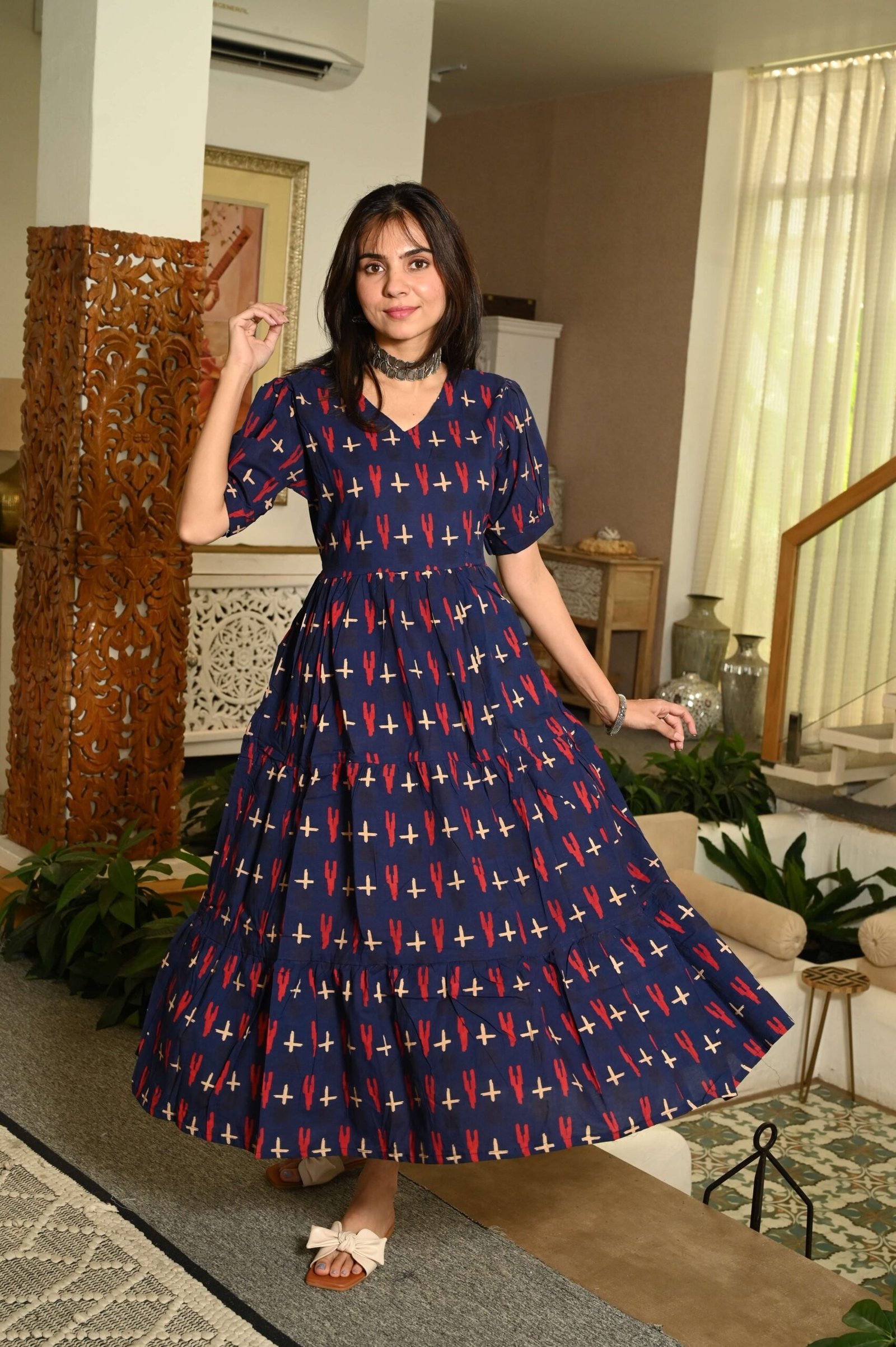 Navy Blue Floral Printed Cotton Anarkali Maxi Dress with Puff Sleeves Elegant Casual Wear