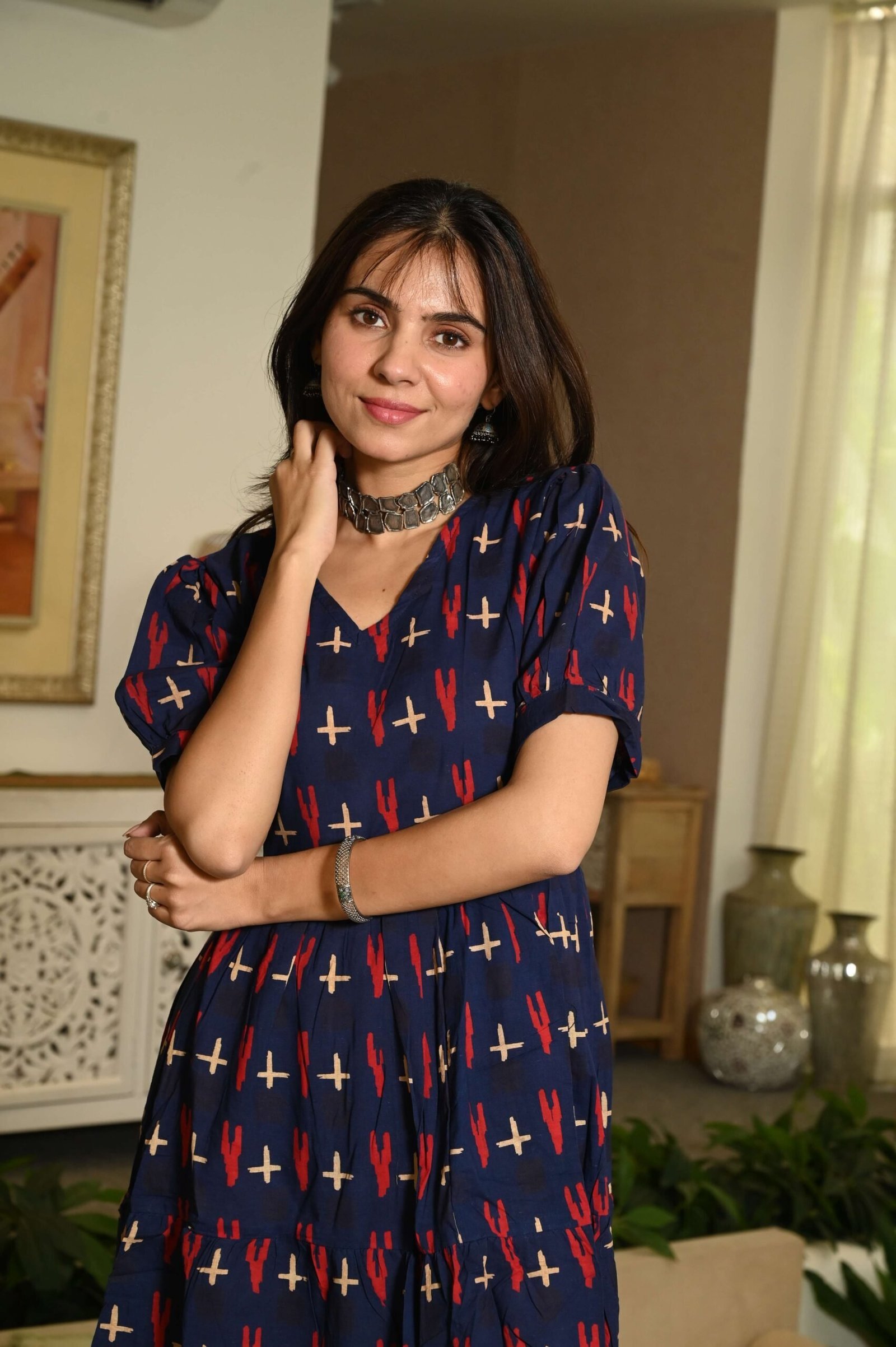Navy Blue Floral Printed Cotton Anarkali Maxi Dress with Puff Sleeves Elegant Casual Wear