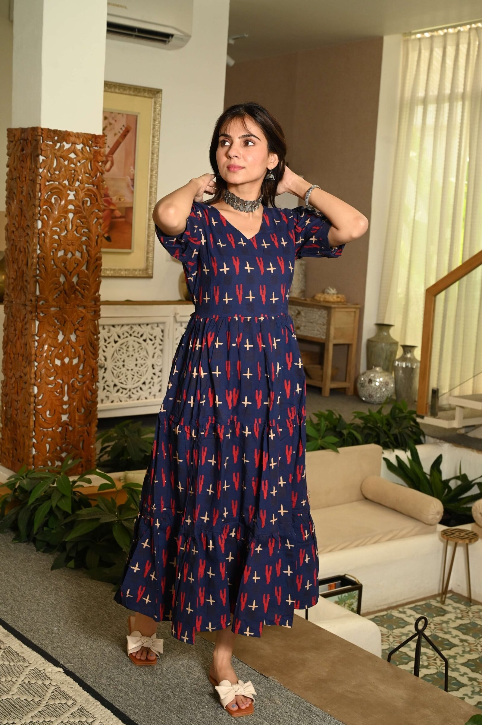 Navy Blue Floral Printed Cotton Anarkali Maxi Dress with Puff Sleeves Elegant Casual Wear