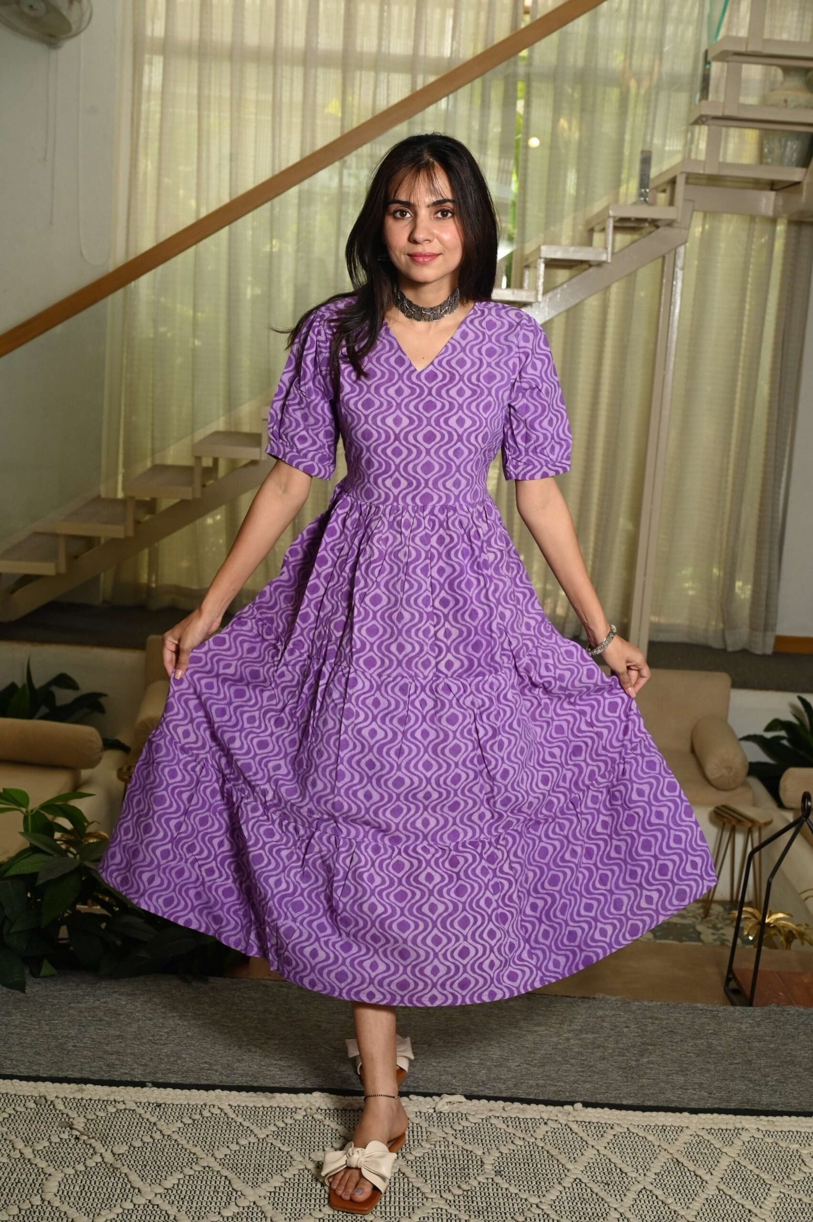 Purple Printed Cotton Anarkali Maxi Dress with Puff Sleeves Elegant Casual Wear