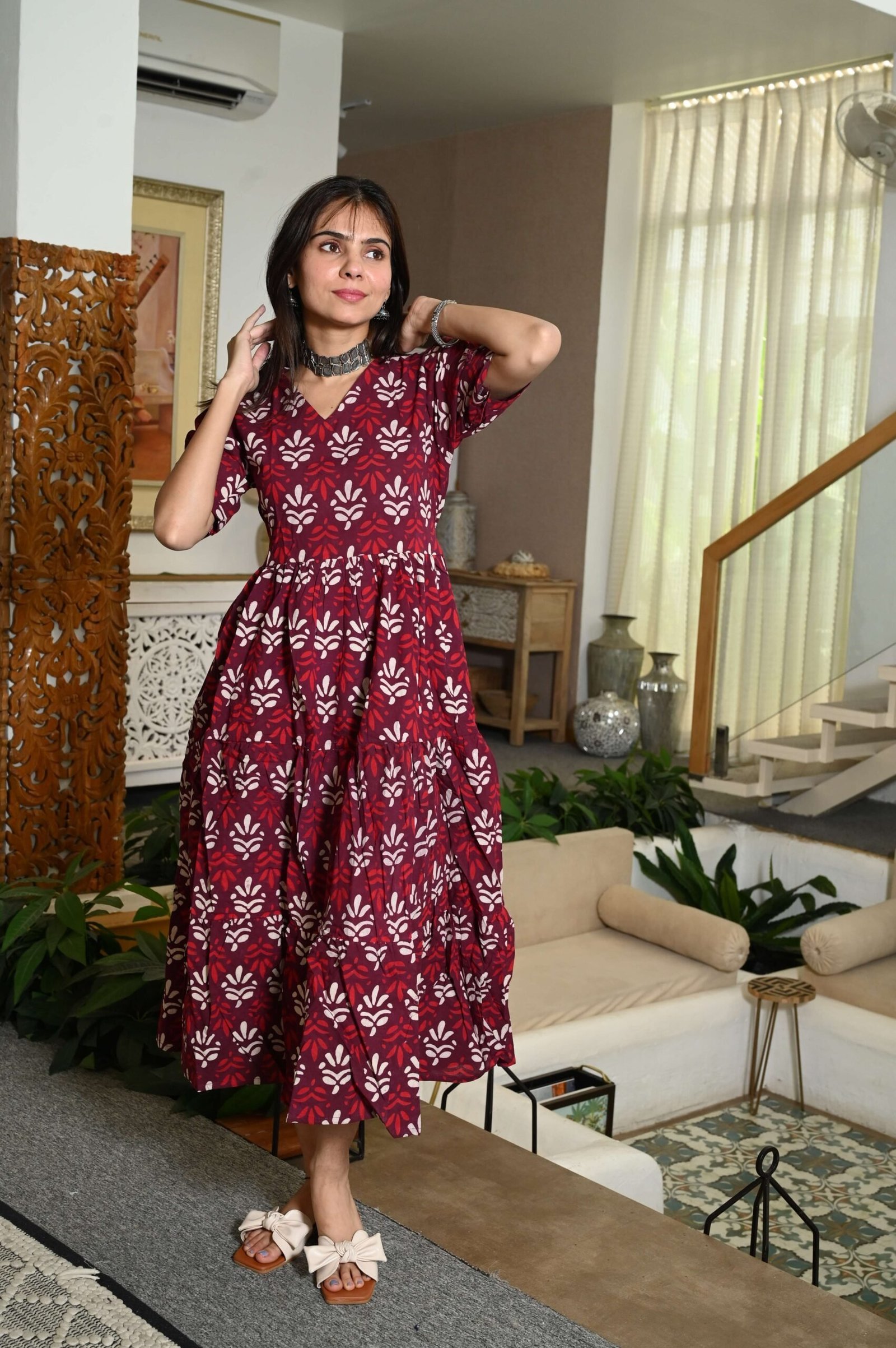 Red Floral Printed Cotton Anarkali Maxi Dress with Puff Sleeves Elegant Casual Wear