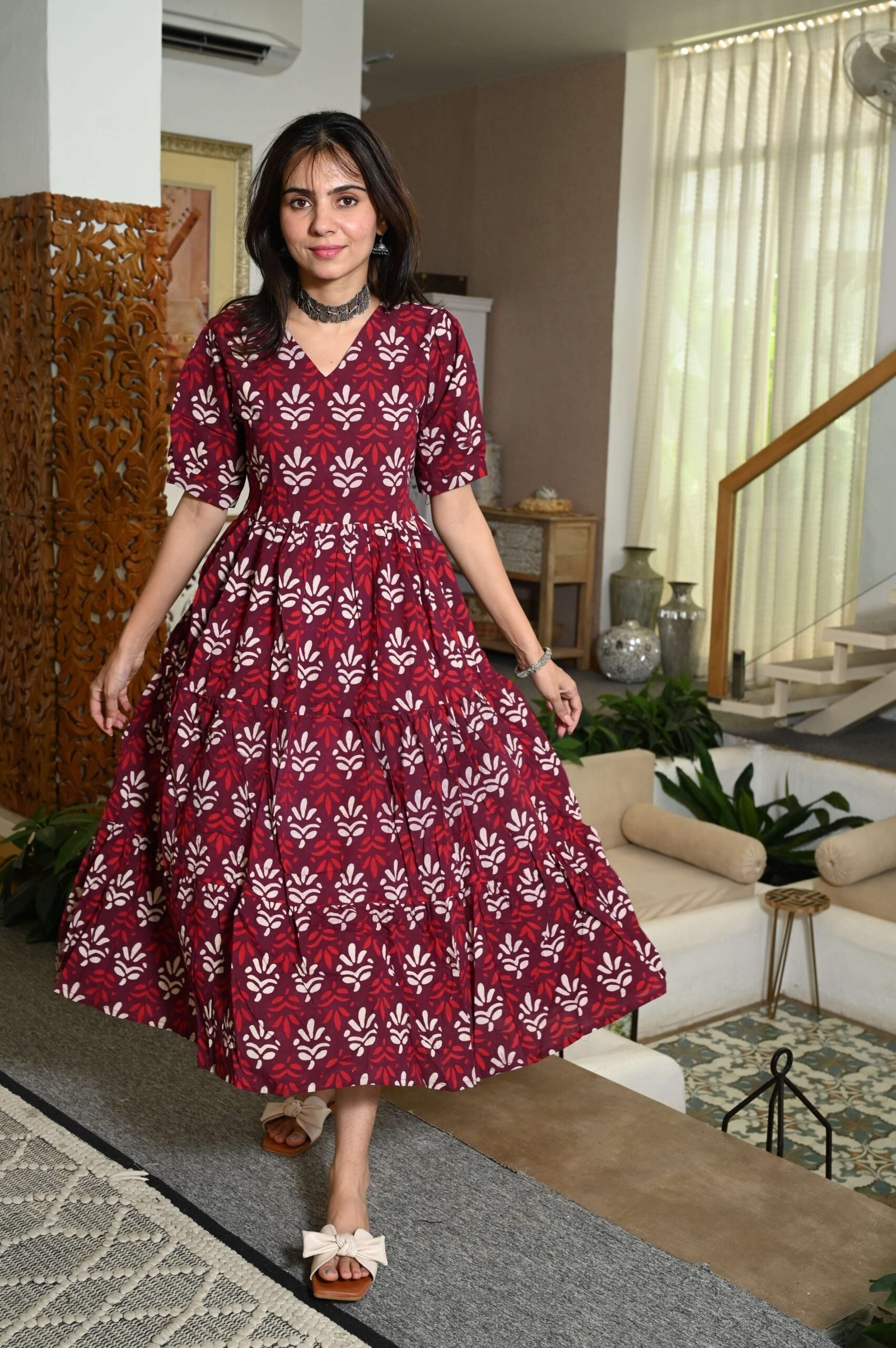 Red Floral Printed Cotton Anarkali Maxi Dress with Puff Sleeves Elegant Casual Wear