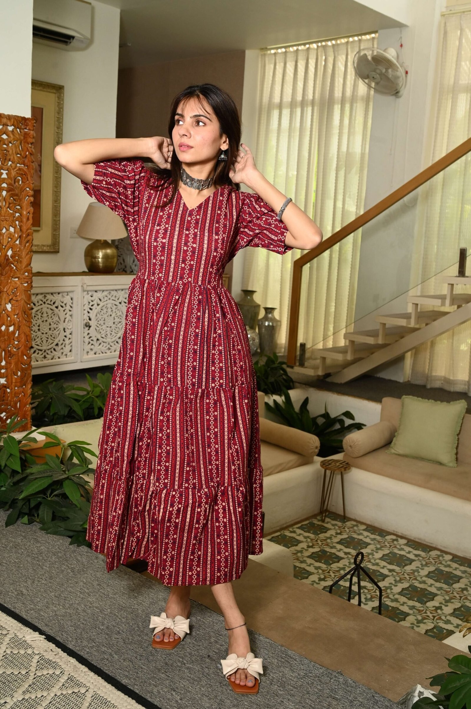 Red Printed Cotton Anarkali Maxi Dress with Puff Sleeves Elegant Casual Wear